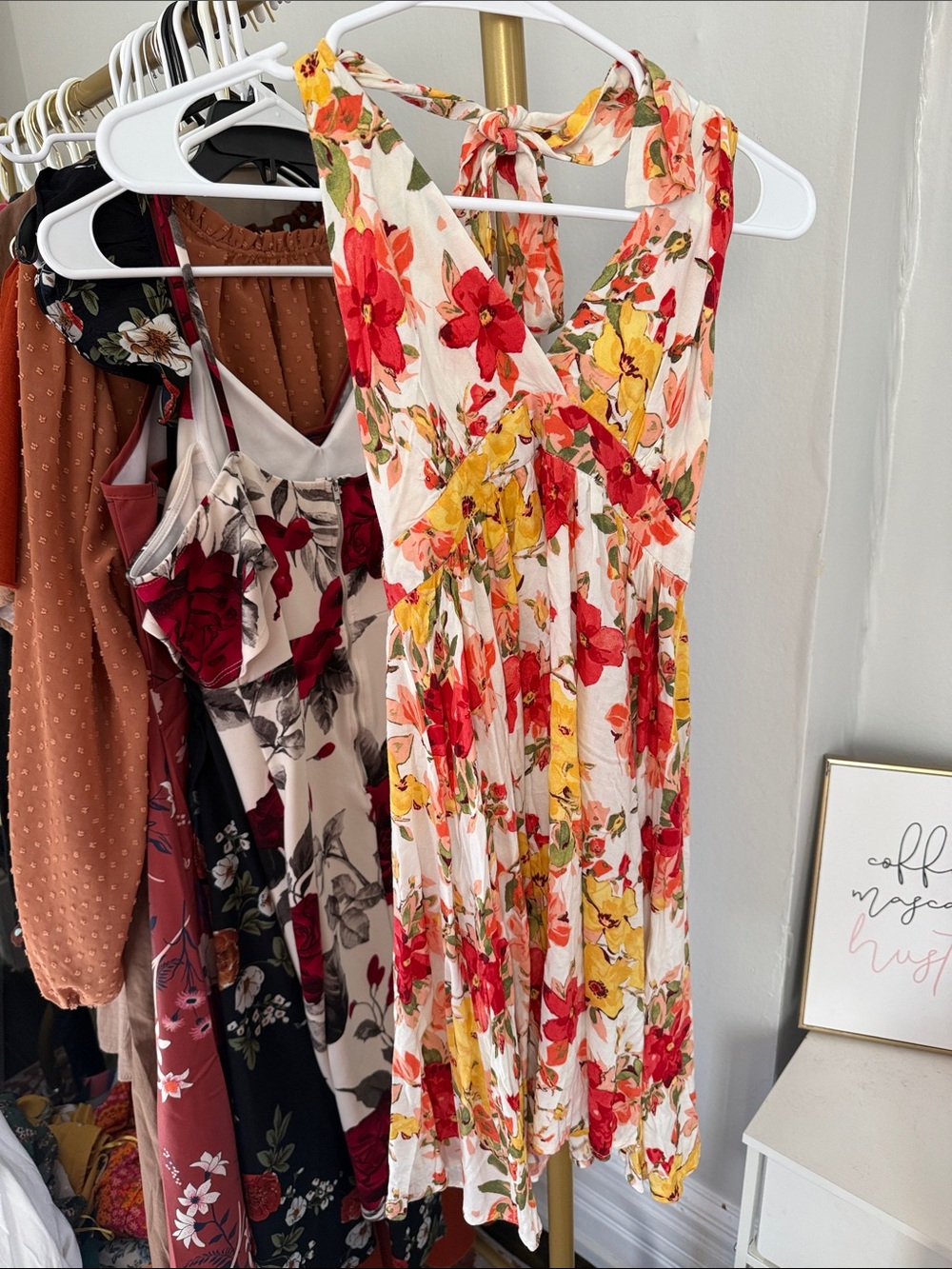 Akribos XXIV Floral Backless Sundress in Red and Yellow on Cream